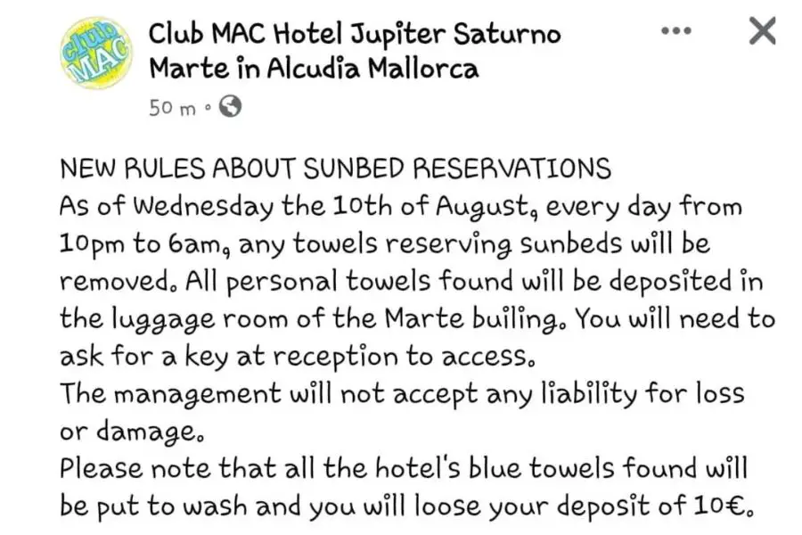 Club Mac Alcudia Sunbed Policy